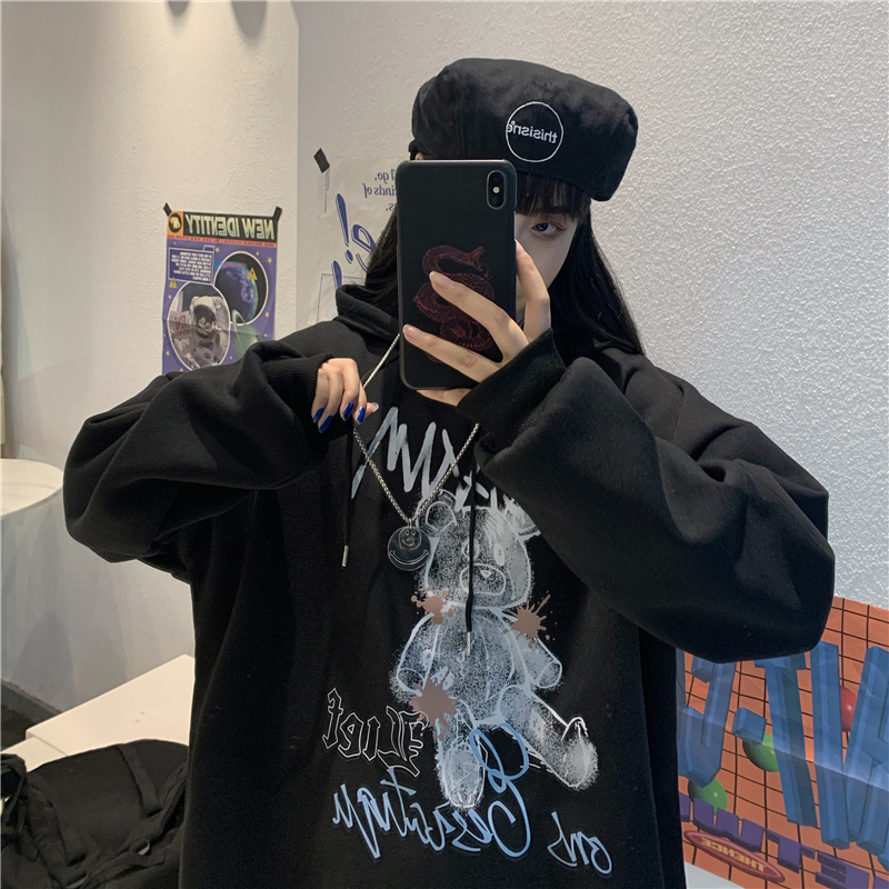 Real shot ins autumn and winter Hooded Sweater female BF lazy wind loose thickened Plush coat