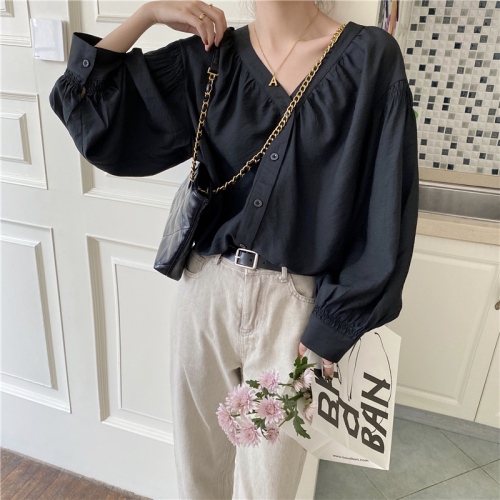 Real price! Korean retro V-neck loose and comfortable pleated design Long Sleeve Shirt Top