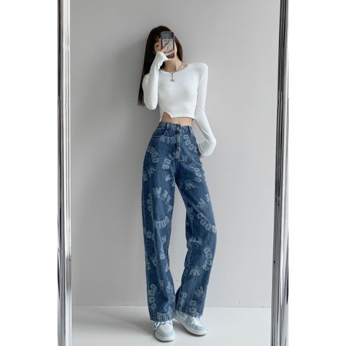 Ma Siwei's same letter over printed jeans women's high street hip hop wide leg straight pants retro versatile casual pants