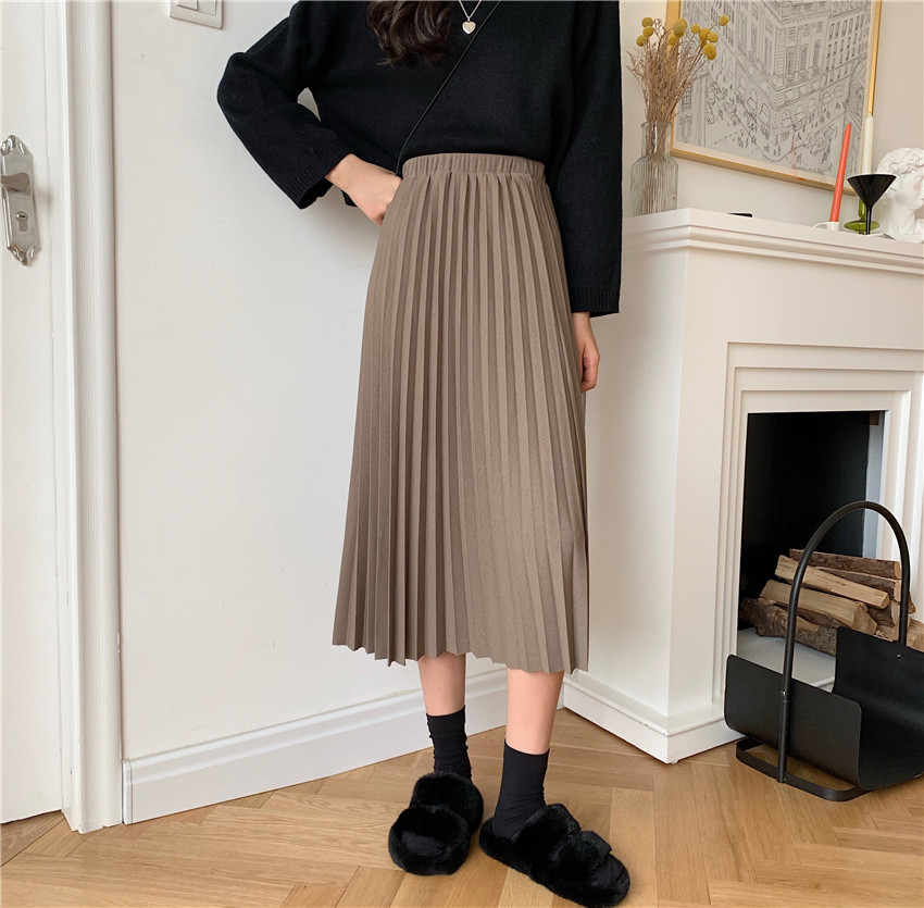 Real price skirt autumn Korean version of loose high waisted slim A-line pleated mid long skirt