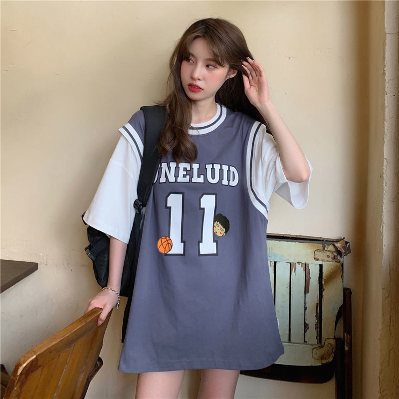 Short sleeve T-shirt women's summer 2020 new net red fake two piece basketball vest, wear loose medium length top