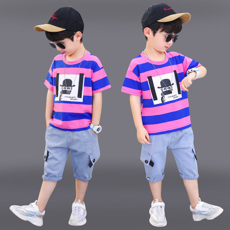 Boys' summer short sleeve suit 2020 new children's sports boys' summer denim shorts