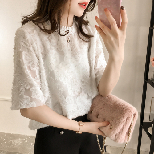 Summer 2020 Korean version burr Flower Chiffon Blouse women's short sleeve top loose solid color lace base