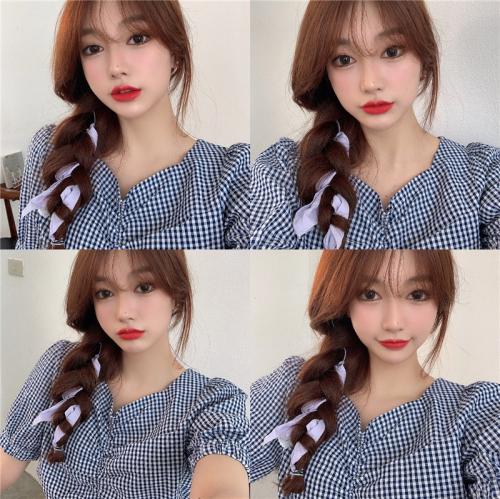 Real photo real price South Korea summer mix and match Vintage short plaid top small fold collar short sleeve shirt