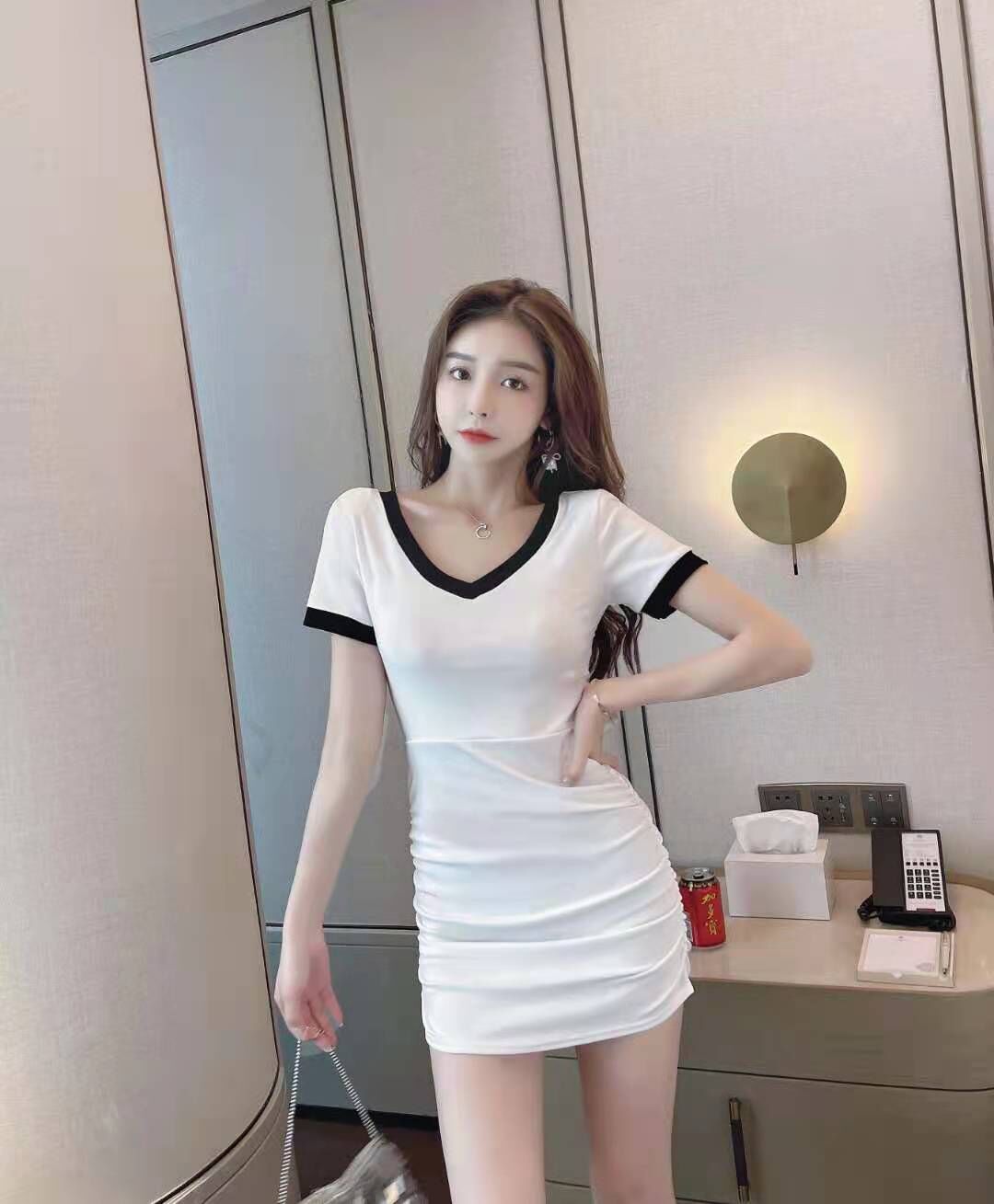 Real shot sexy cotton contrast tight buttock dress nightclub black dress