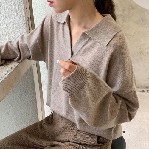 Chic autumn winter retro polo collar white sweater women's autumn winter loose outer wear lazy wind Pullover Sweater