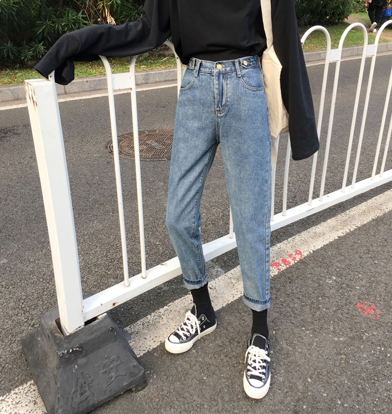 Actual autumn new Korean version of tight waist personality straight trousers show thin Harun pants and jeans