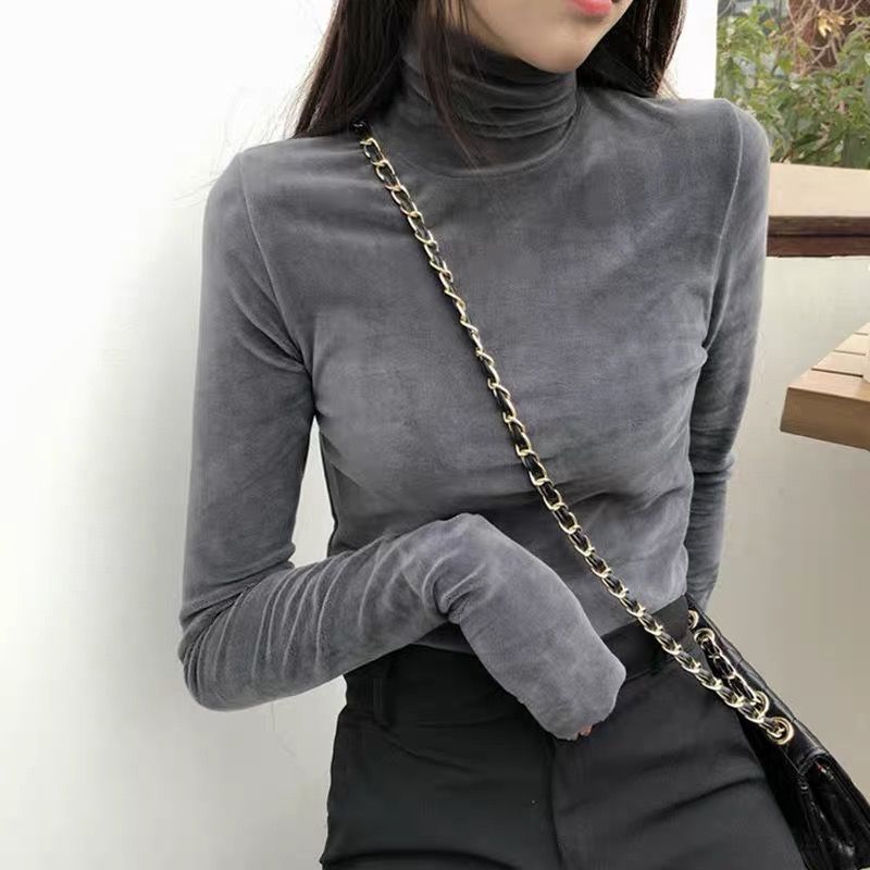 High neck warm bottomed Shirt Plush thickened female student Korean 2021 new autumn and winter thin versatile top T-shirt