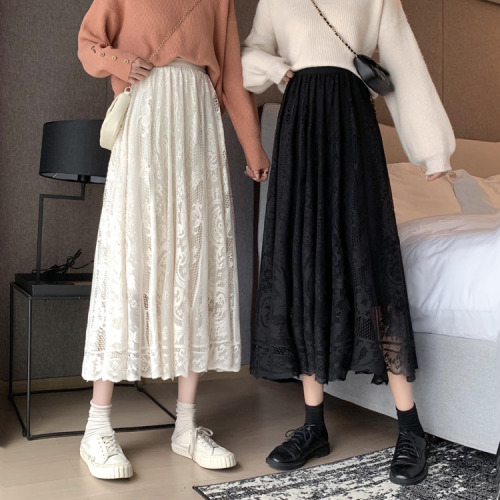 Real price ~ 2021 Korean version elastic waist medium and long lace skirt, versatile half skirt, umbrella skirt, large swing skirt, female