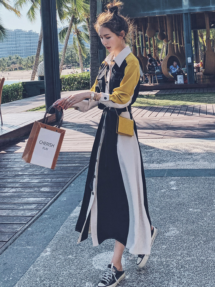 Stitching French long sleeve shirt dress early autumn 2021 new waist slim design