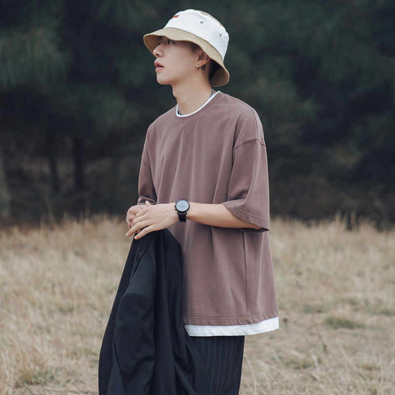 Hong Kong style summer men's short sleeve T-shirt Korean loose trend half sleeve fake two half sleeve clothes