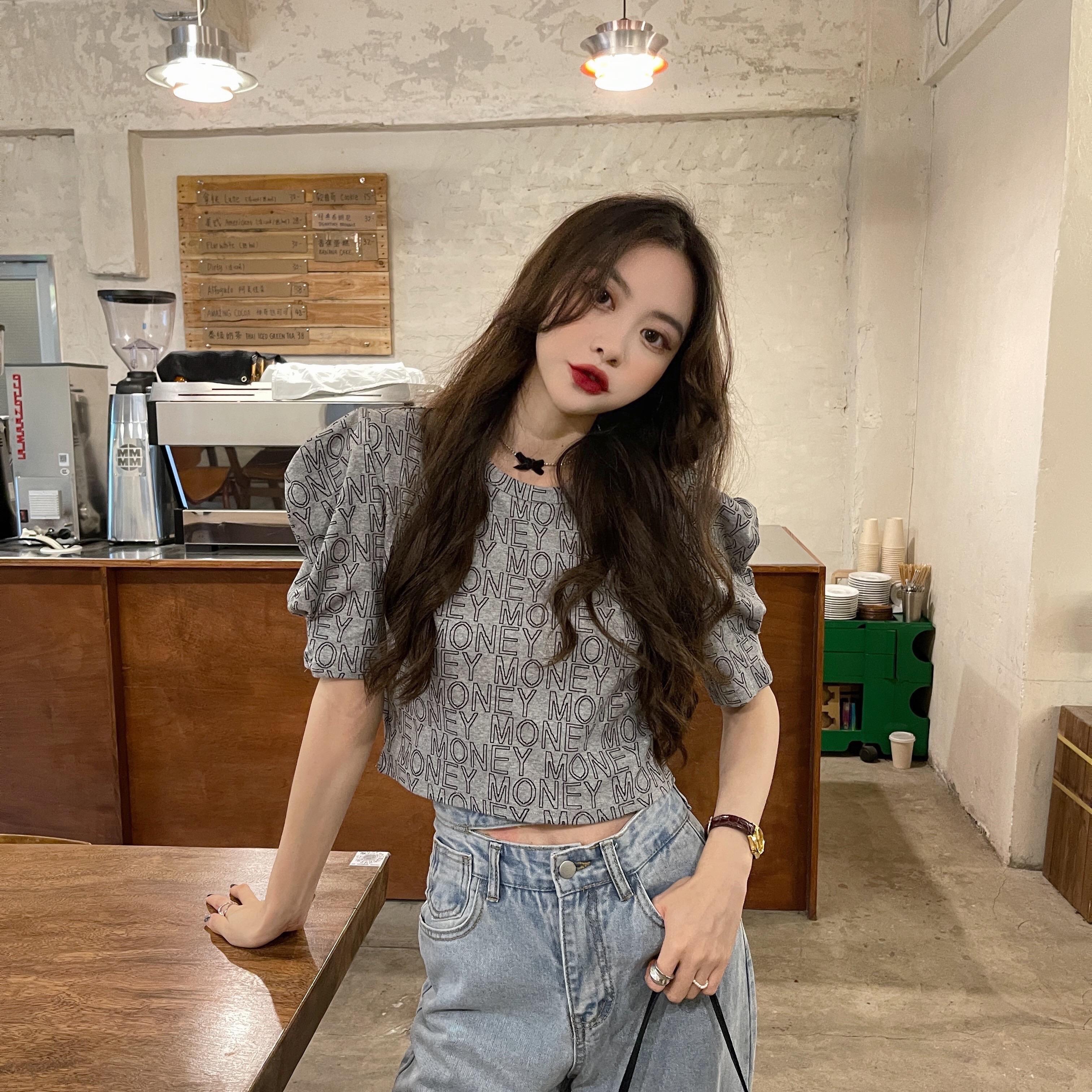 Real shot bubble sleeve short sleeve women's summer new design letter printing slim fit short top