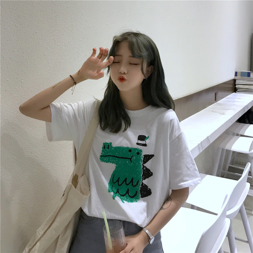 Actual Short Video Female Dress Korean Edition Cute Cartoon Dinosaur Printed Loose Set Short-sleeved T-shirt Students