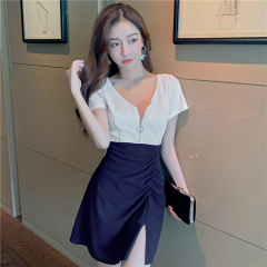 Real shot front zipper low cut short sleeve high split buttock dress night work clothes