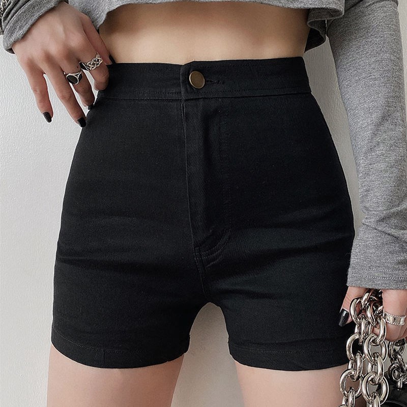 Black high waist denim shorts women's summer stretch thin versatile bottomed hot pants new pants fashion