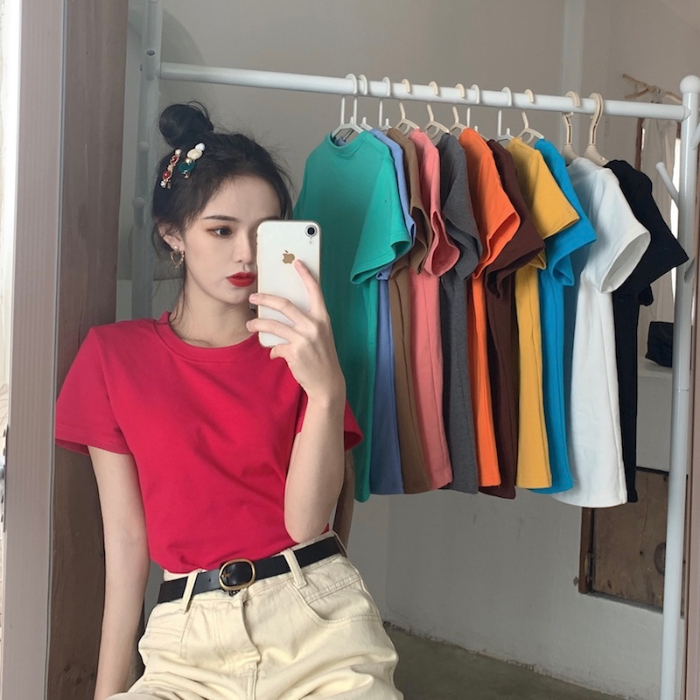 Korean version 2021 new basic solid color frosted slim slim and versatile short sleeve T-shirt for women