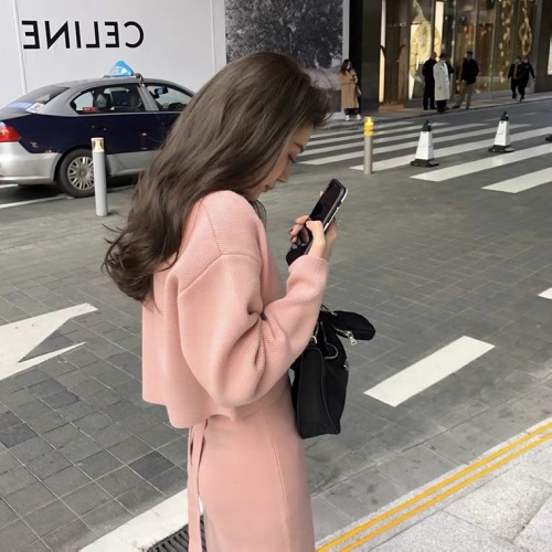 Autumn  new knitted suit women's sweater cardigan jacket slim fit with bottom suspender skirt two-piece set