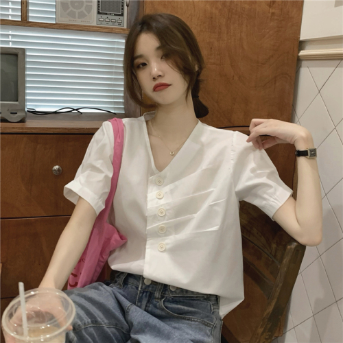 Real price! Korean pure color top V-neck thin single breasted personalized pleated short sleeve shirt
