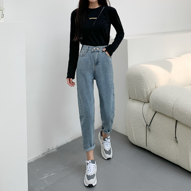 Real shooting loose jeans women's small straight tube high waist 2021 autumn thin elastic waist versatile radish Harlan 9 points