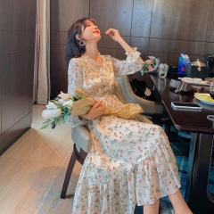 Small fresh floral collar dress women's spring and autumn winter dress new long sleeve waist closing thin skirt