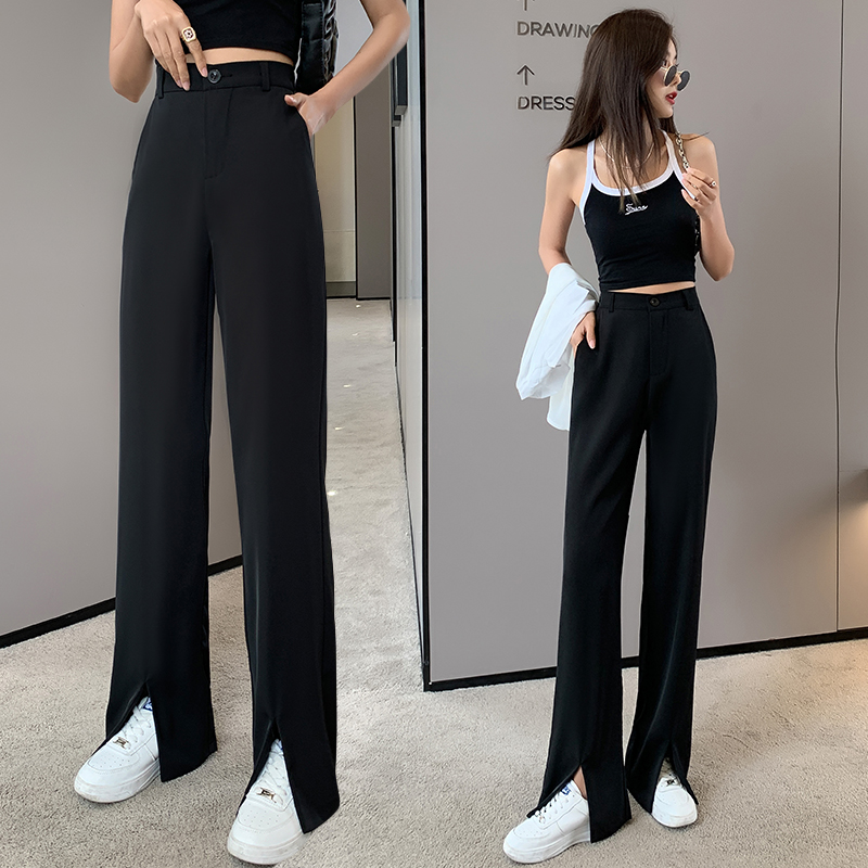 Real shot front split suit pants women's fat mm loose straight high waist drop Black Wide Leg Pants