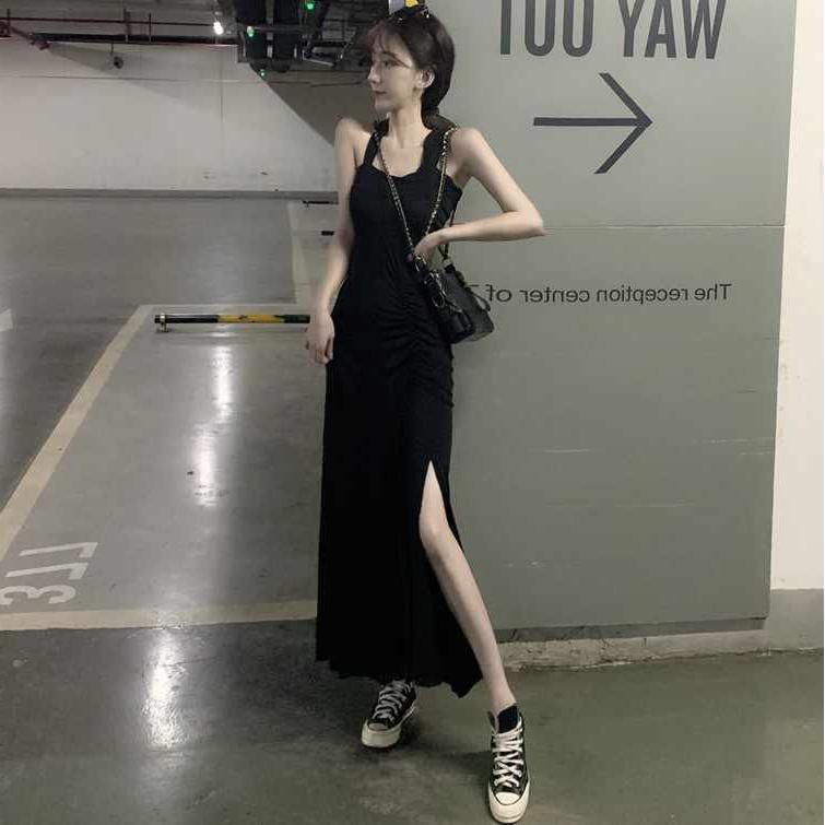 Summer Korean style drawstring skirt long skirt sexy cross open back pleated buttock dress women's wear
