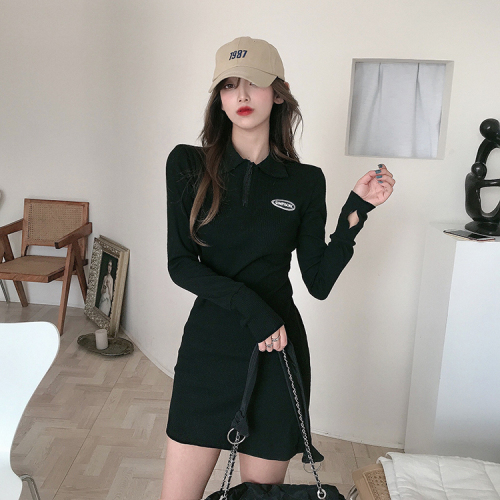 Real shooting and real price design feeling slim Lapel zipper stand collar Hip Wrap Dress