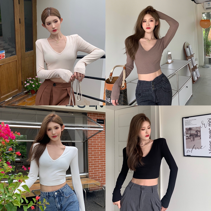 Real shooting Hong Kong style small sexy collar elastic slim fit short inner shoulder pad bottoming shirt long sleeve outer threading machine shirt