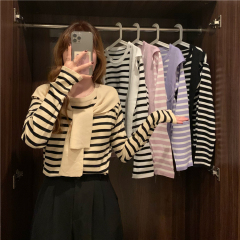 Real price autumn Pullover shawl stripe long sleeve sweater ice silk T-shirt versatile top