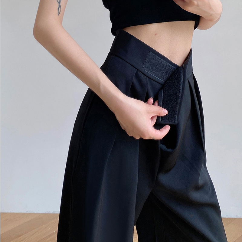Thin black wide leg pants women's small high waist drop casual loose floor dragging ice silk suit straight pants