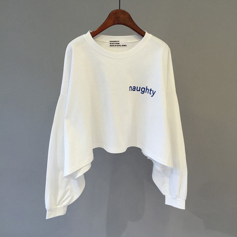 Loose and irregular short women's sweater solid color printed letters simple women's top