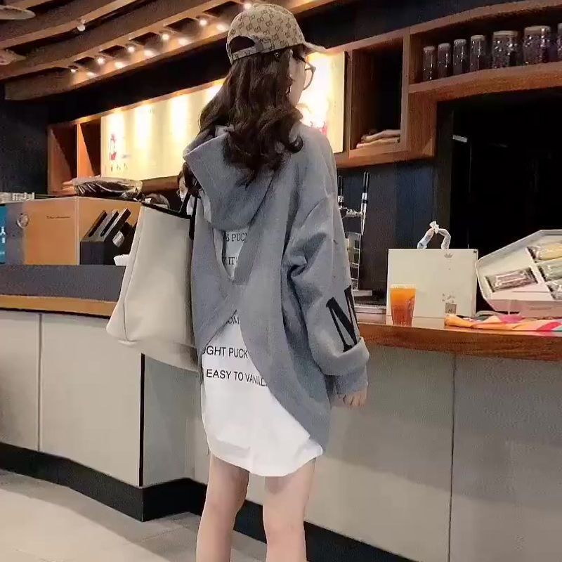 New autumn fake two-piece hooded sweater women's medium long loose large long sleeved top coat fashion