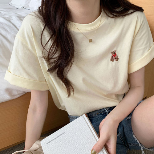 Simple cute bear embroidered loose and versatile casual T-shirt