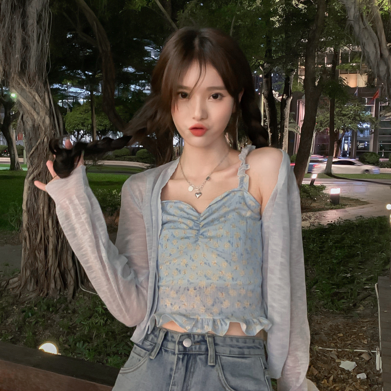 Real price new summer style foreign style sweet spicy style fungus side suspender vest thin long sleeve knitted sunscreen shirt