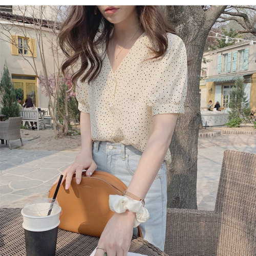 South Korea summer new Chiffon women's top loose thin versatile short sleeve V-neck cover belly foreign style shirt