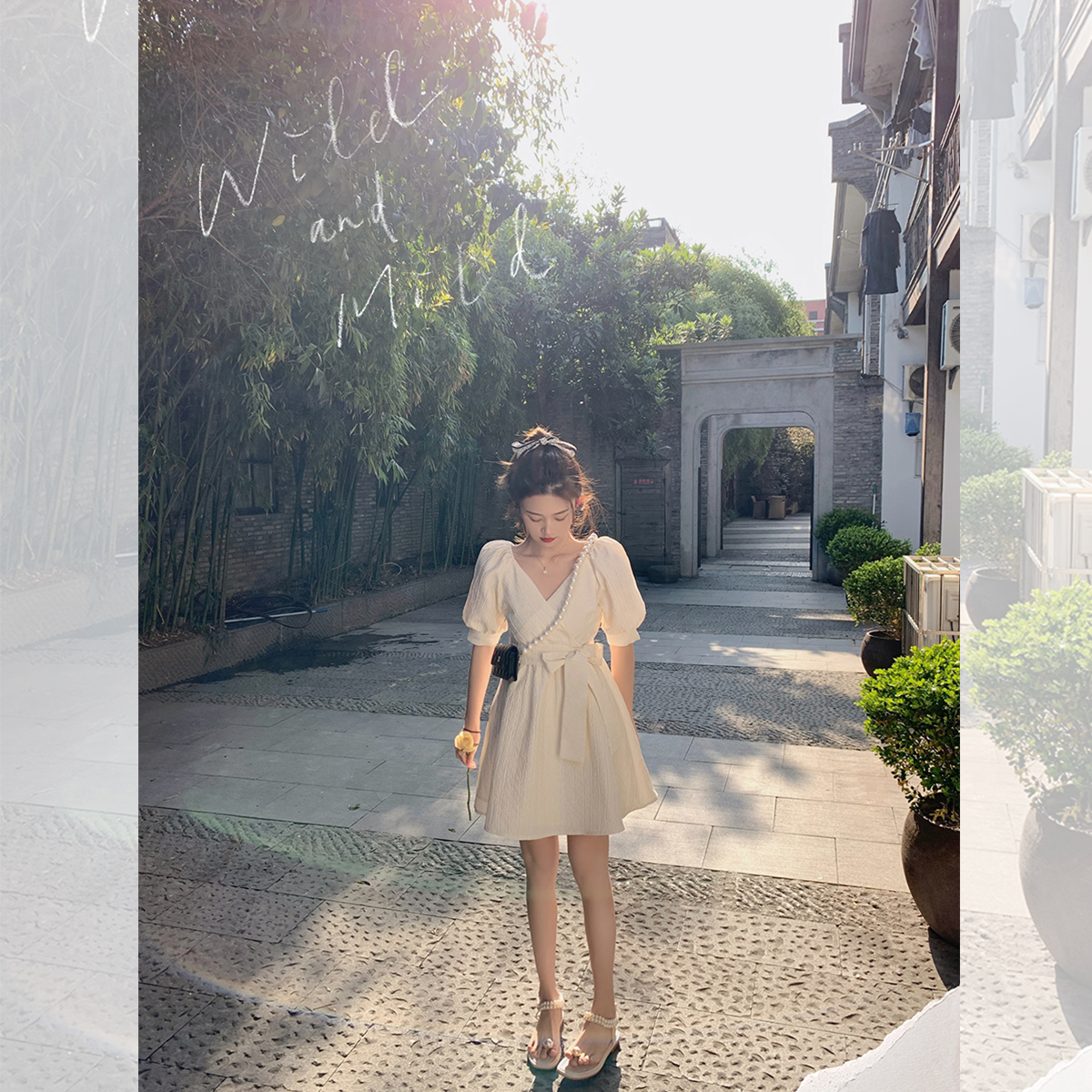 Super fairy sweet bubble sleeve dress women's summer new gentle first love skirt waist skirt