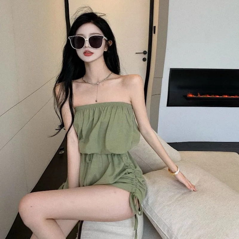 Strapless Jumpsuit women's bandage pleated wide leg pants waist closed loose shorts solid color pants Jumpsuit