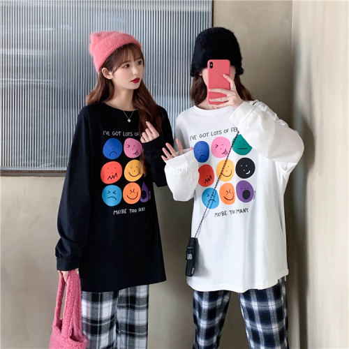 Real price real shooting autumn and winter Jiugong grid smiling face T-shirt long sleeve + plaid pants two-piece loose pants