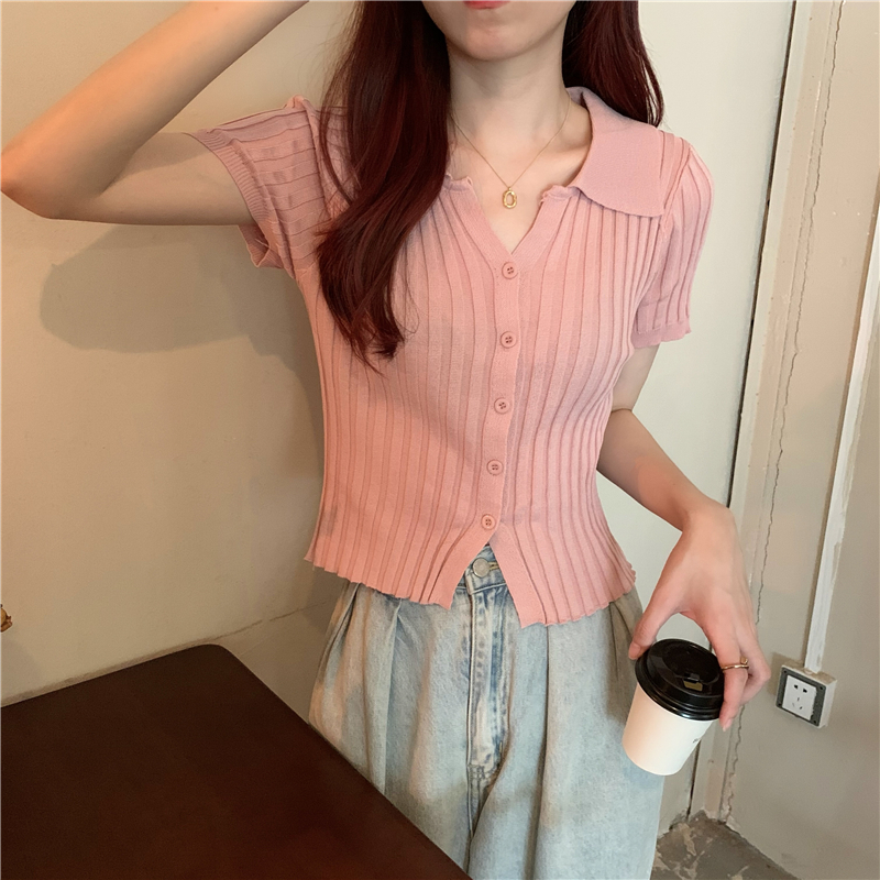 Real price new summer solid vertical Lapel single breasted short knitted cardigan