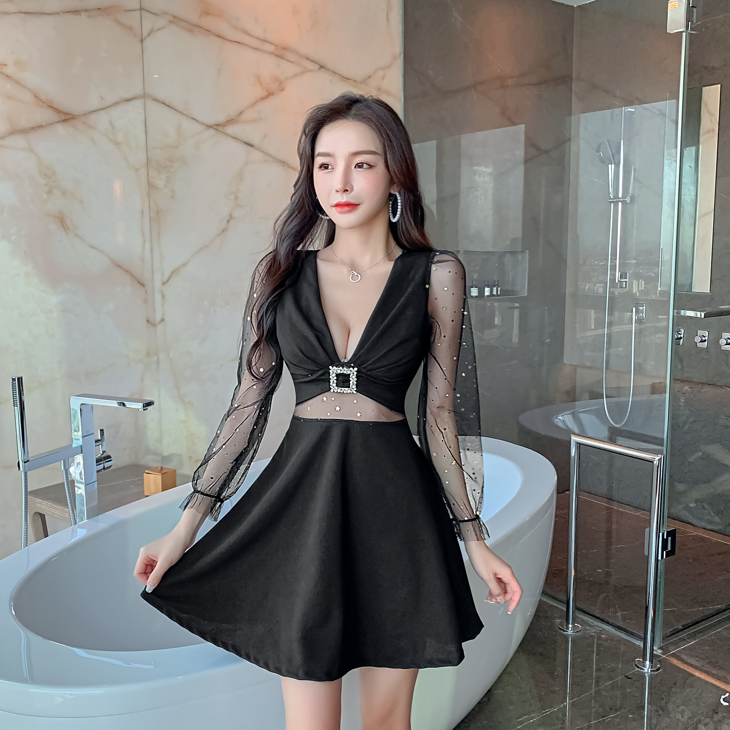 Real shooting mesh stitching long sleeve deep V low cut out sexy waist open swing dress