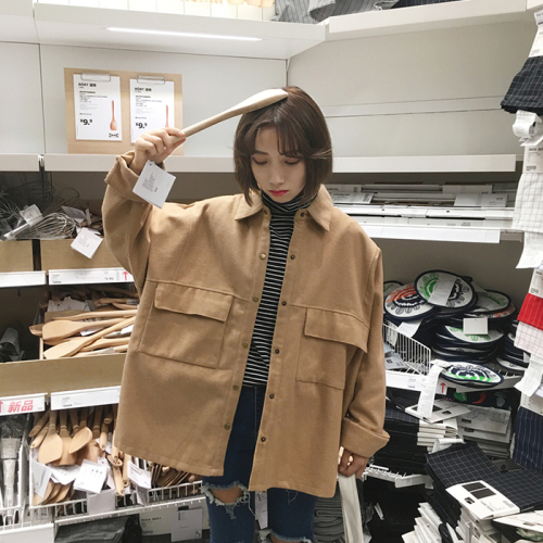 Loose BF handsome woolen shirt Spring and Autumn Female Harbor wind Vintage long sleeve jacket fashion students all set up overcoats