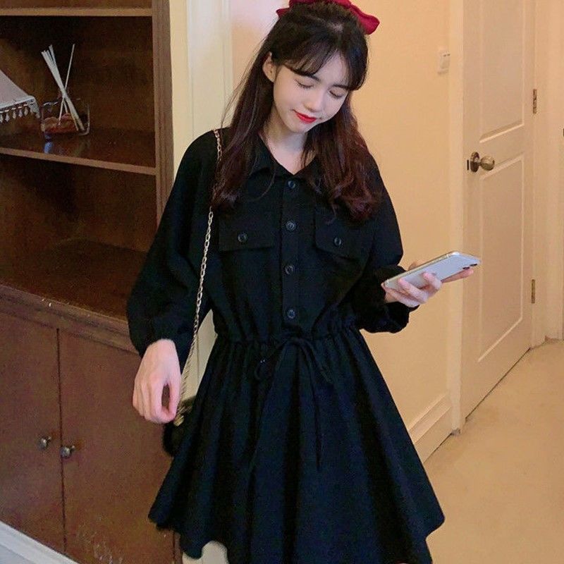 Large women's dress 2020 autumn new Korean temperament age reduction polo collar tie waist slim student A-line skirt [end on February 28]