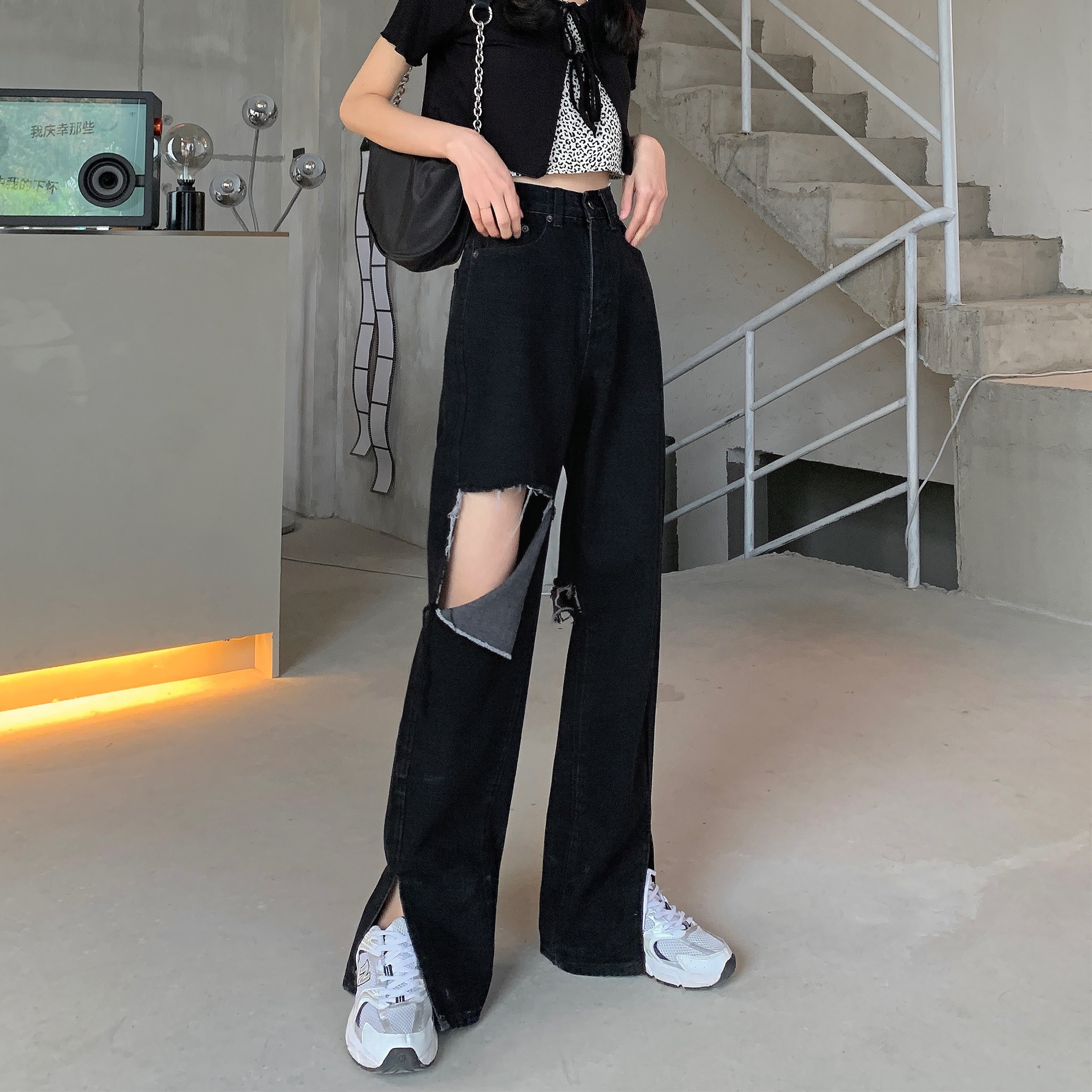 Real shot real price autumn high waist holes show thin split denim pants
