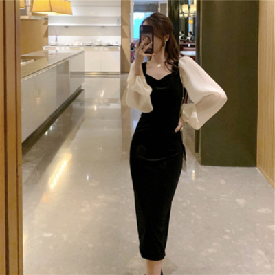 Autumn clothes 2021 new black velvet dress women's early autumn French retro temperament waist closing thin skirt