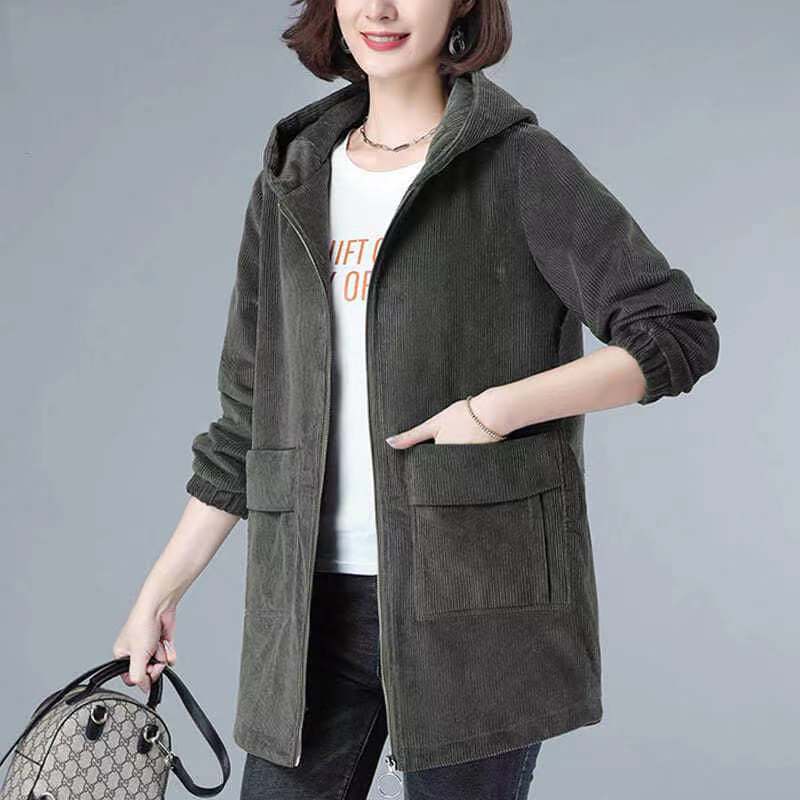 Corduroy Jacket Women's middle and long style spring and autumn 2021 new large hooded loose and versatile middle-aged mother's dress