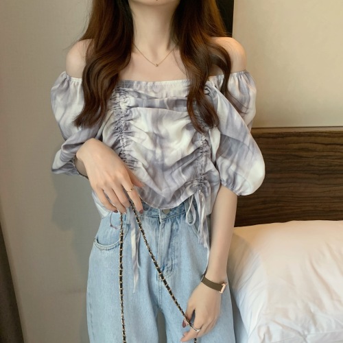 Real price, real shot, light and ripe design, drawstring bubble sleeve, one line shoulder tie dyed short, slim and short sleeve T-shirt