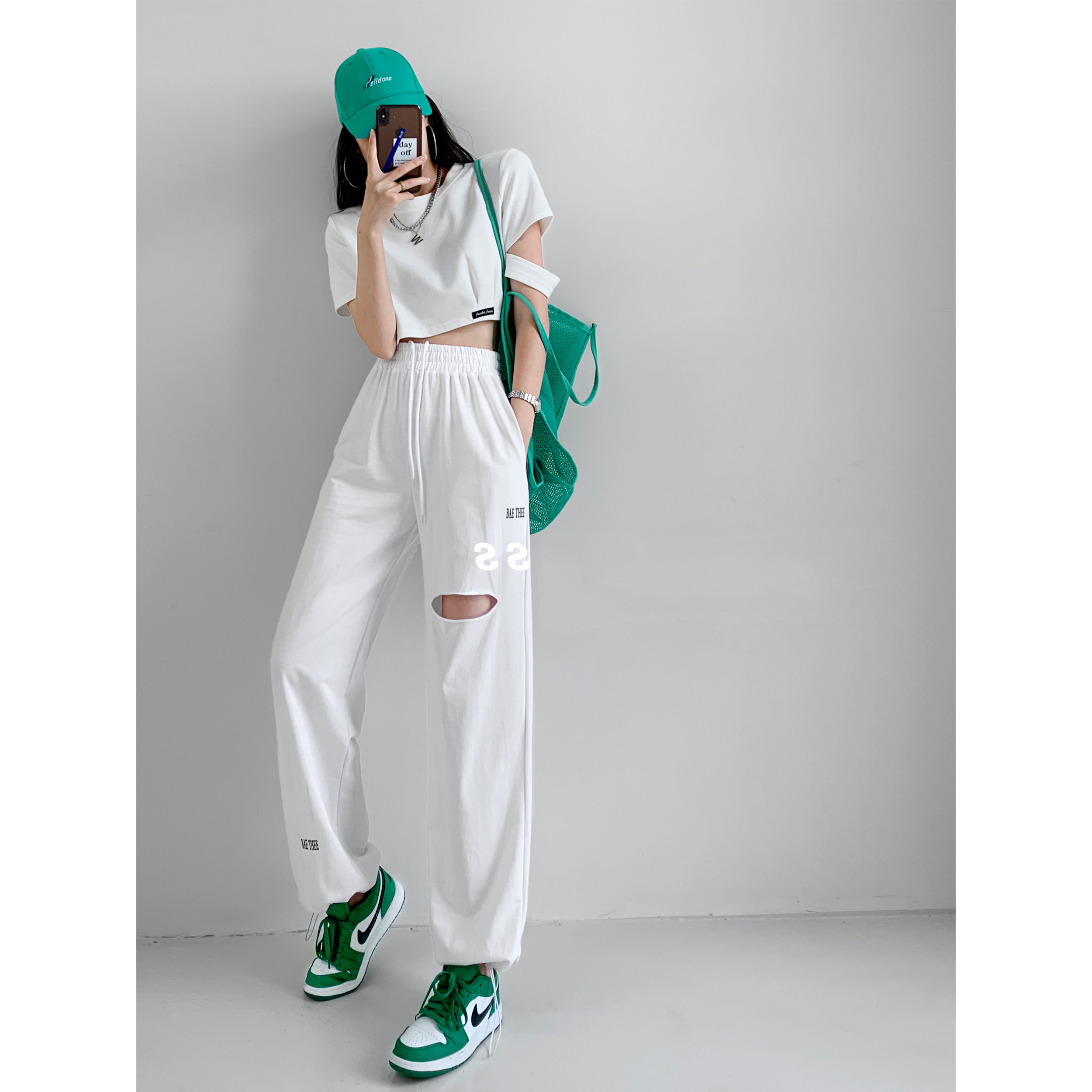 American cool SA gray hole sports pants women's spring and autumn thin loose Leggings show thin straight tube drawstring pants fashion