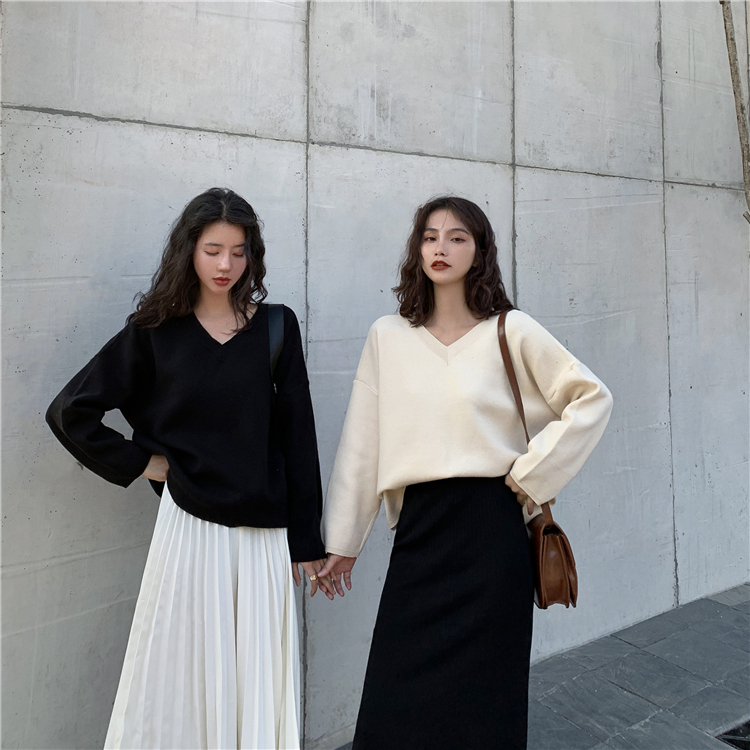 Real price early autumn lazy wind double V-neck knitted pullover sweater women's loose long sleeve top