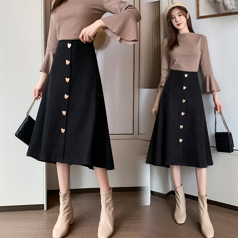 Real shot Korean single breasted knee length skirt, loose and thin, high waist skirt