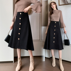 Real shot Korean single breasted knee length skirt, loose and thin, high waist skirt